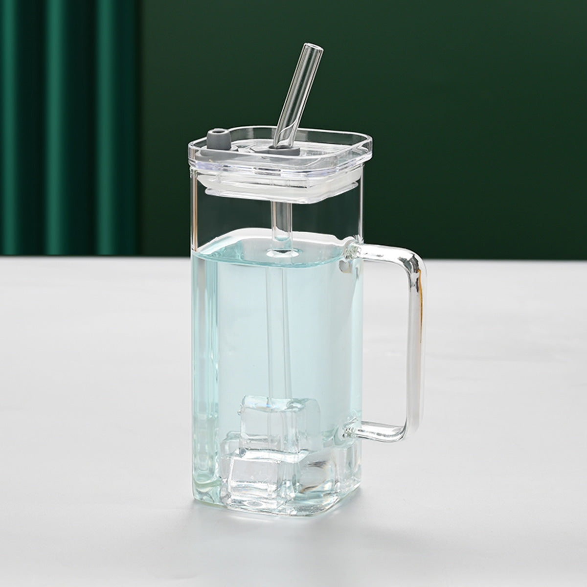 1 Pcs Green Glass Straw Cup, 6 Colors Square Glass Cup With Straw And Lid, High Borosilicate Glass Cup, Milk Cup, Juice Cup, Cold Drink Cup, Coffee Cup, Tea Cup, Office Cup, Gift Cup