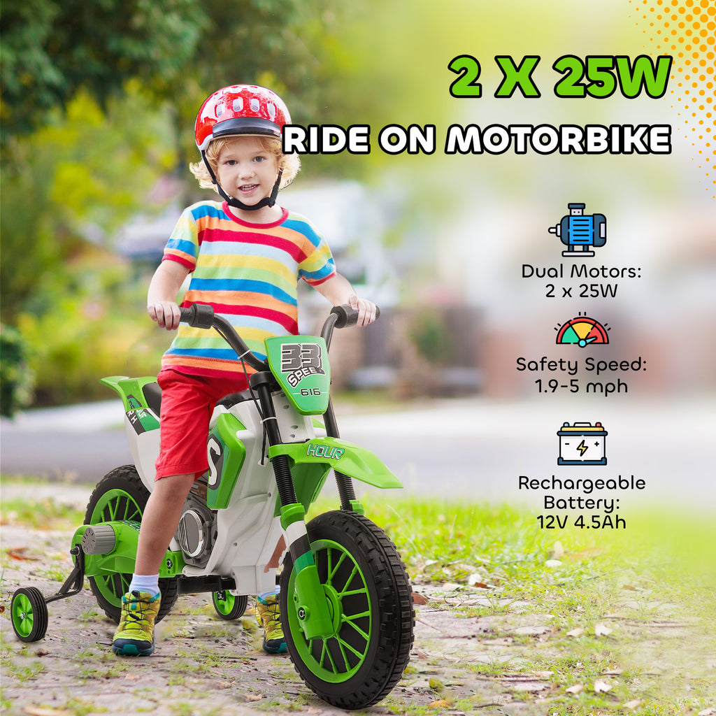 12V Kids Motorcycle w/ Treaded Tires, 5mph Top Speed Electric Bike for Kids, Ride On Motorcycle w/ Training Wheels, Battery Charger, Spring Suspension, Green