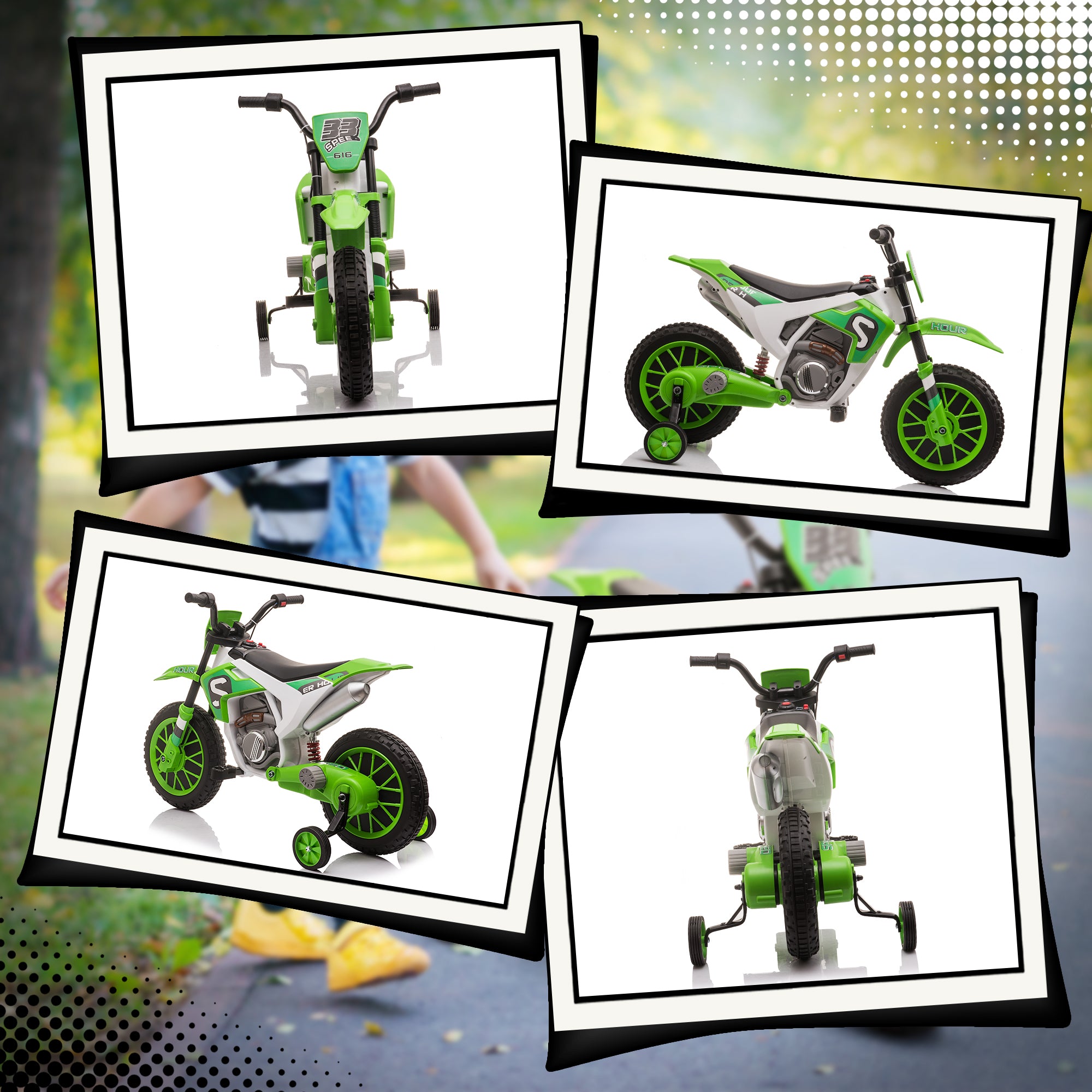 12V Kids Motorcycle w/ Treaded Tires, 5mph Top Speed Electric Bike for Kids, Ride On Motorcycle w/ Training Wheels, Battery Charger, Spring Suspension, Green