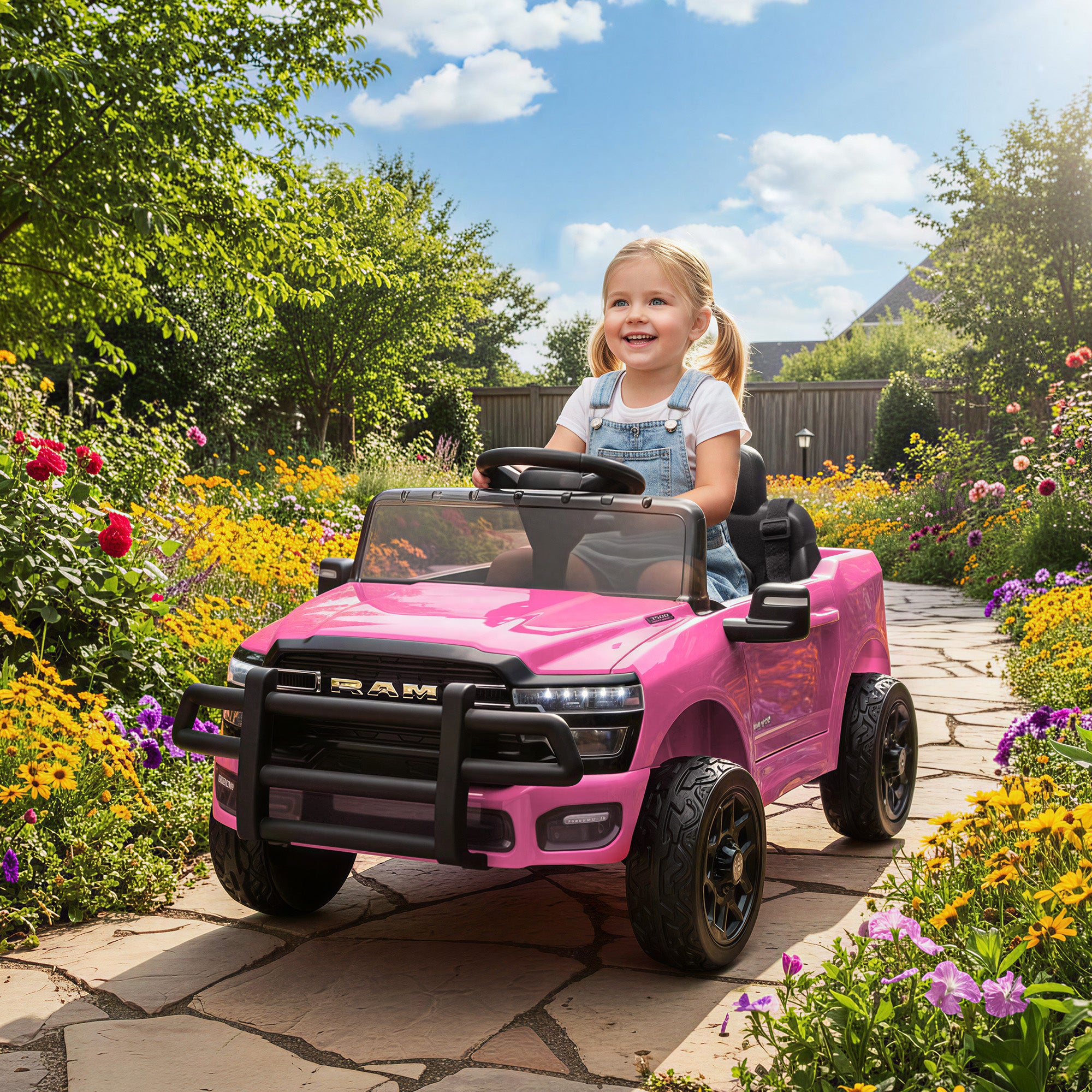 12V Kids Ride on Car, Licensed Dodge RAM 3500 Ride on Toys with Dual Motors, Remote Control for Toddlers, Pink