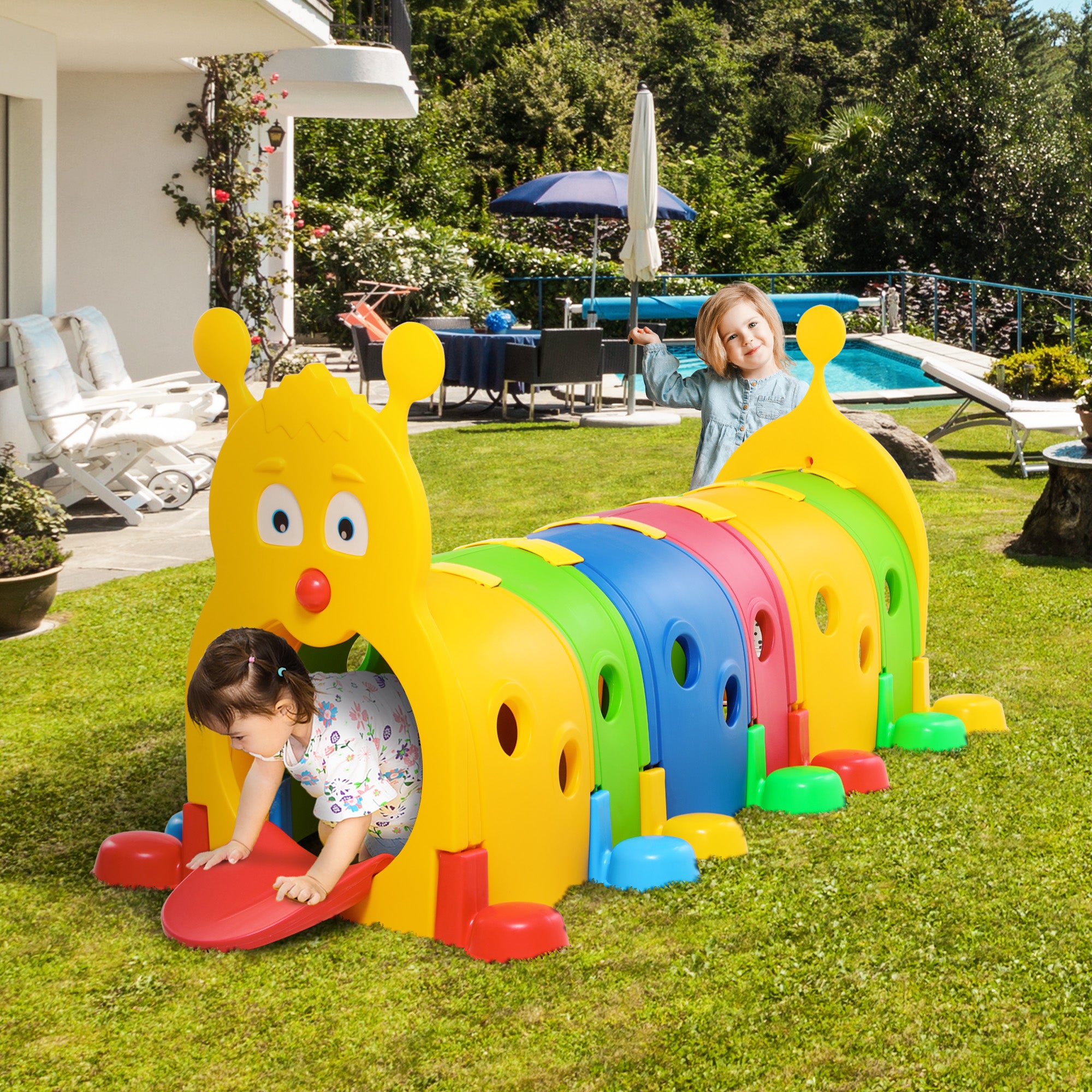 Caterpillar Tunnel, Toddler Tunnel for Kids Crawl and Climb Through, Kids' Play Structure Indoor Outdoor, 6 Sections, Multicolored