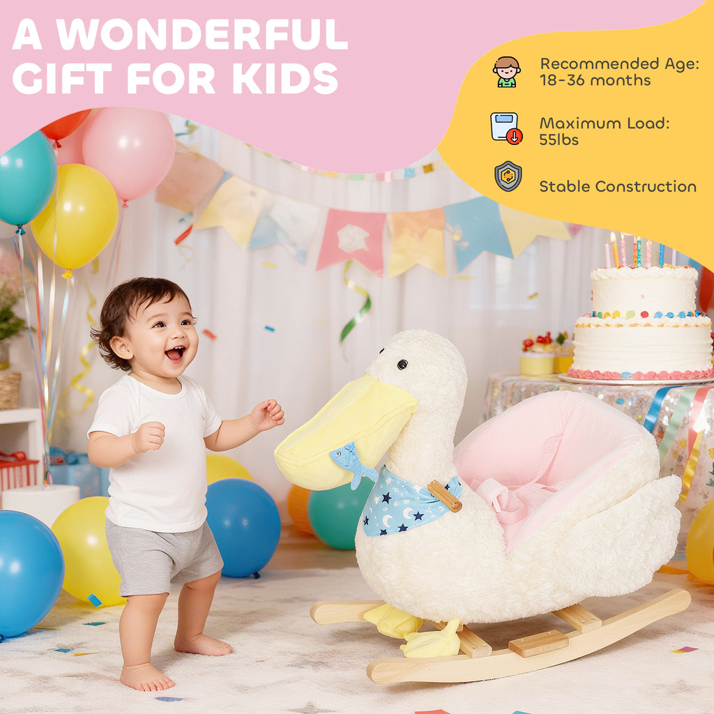 Baby Rocking Horse, Kids Ride on Pelican Rocking Horse for Toddlers 18–36 Months with Realistic Duck Sound, White