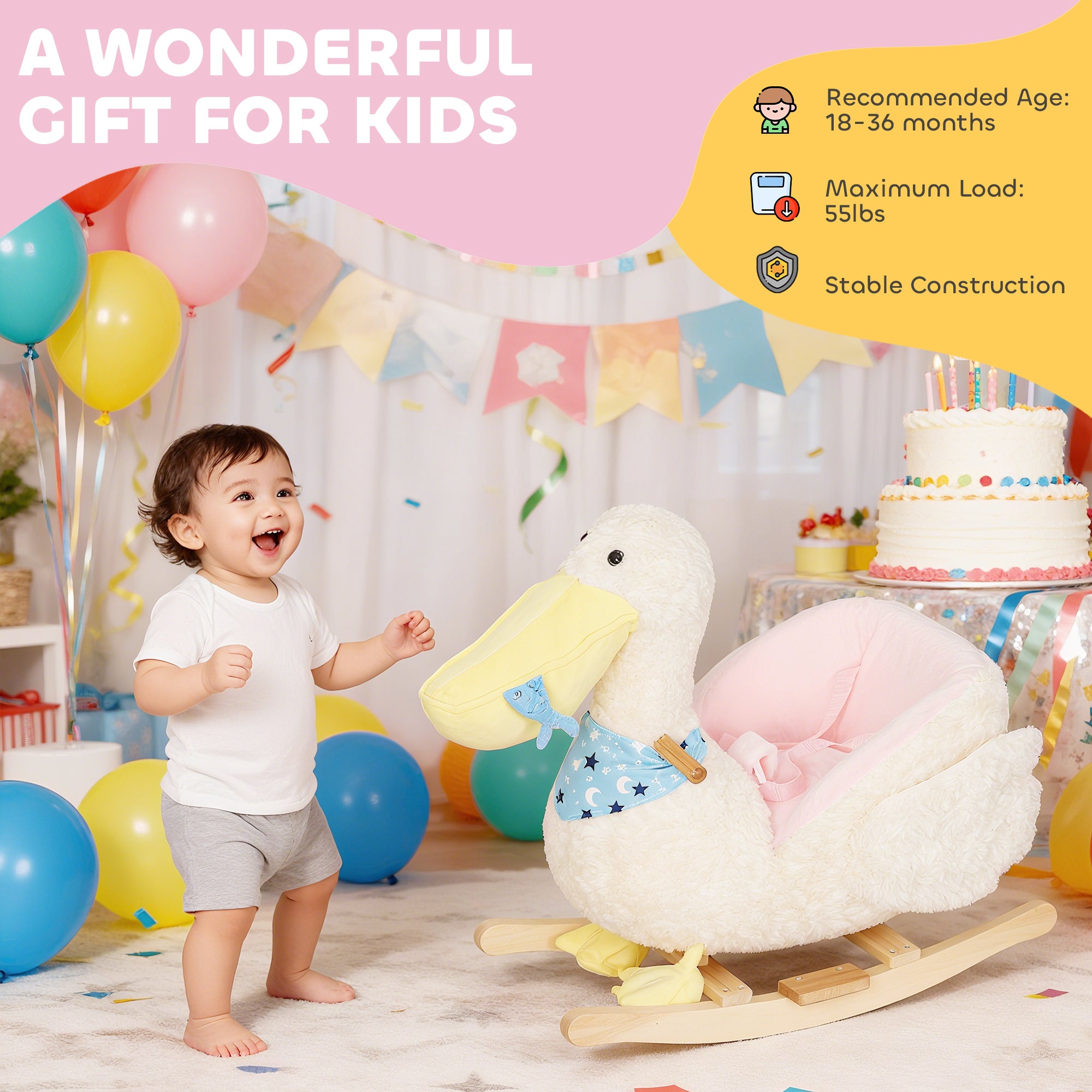 Baby Rocking Horse, Kids Ride on Pelican Rocking Horse for Toddlers 18–36 Months with Realistic Duck Sound, White