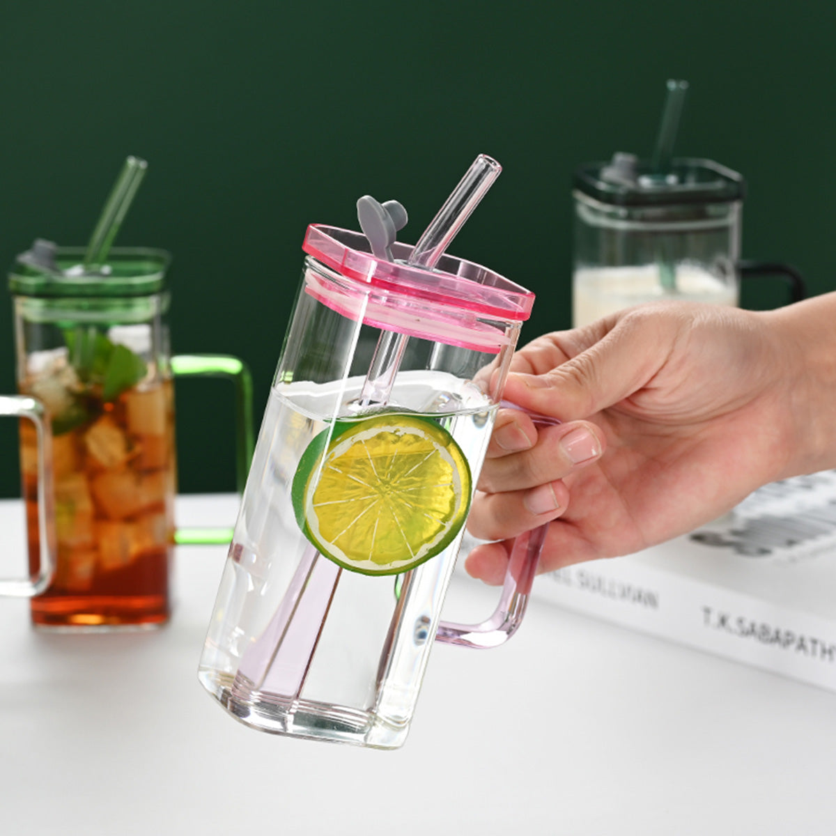 1 Pcs Green Glass Straw Cup, 6 Colors Square Glass Cup With Straw And Lid, High Borosilicate Glass Cup, Milk Cup, Juice Cup, Cold Drink Cup, Coffee Cup, Tea Cup, Office Cup, Gift Cup